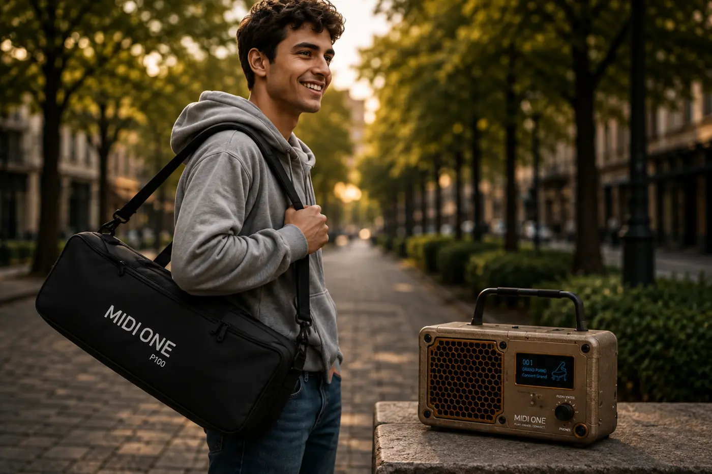 MIDI ONE taşıma çantasıyla şehirde yürüyen müzisyen